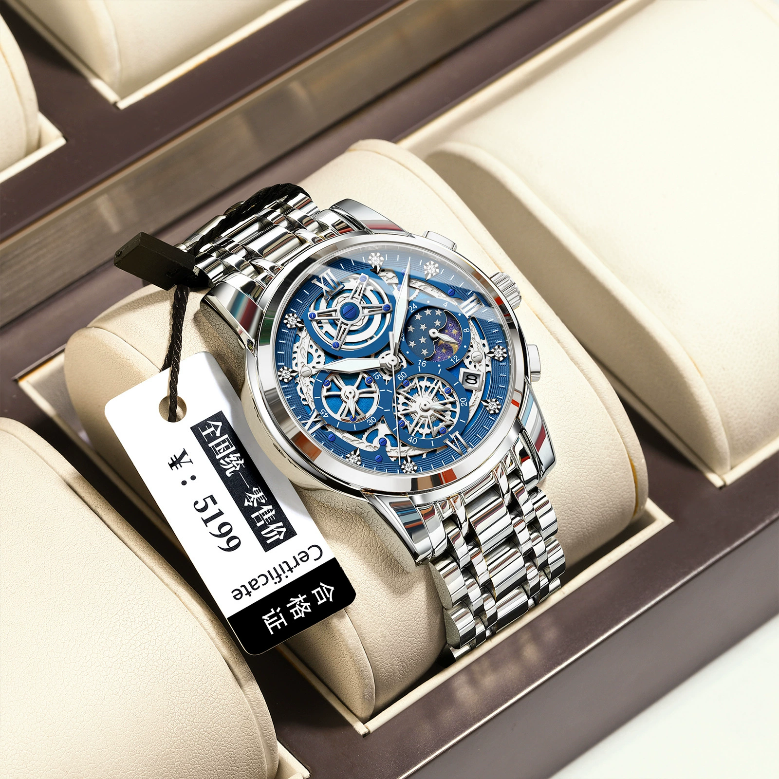 Men Silver Skeleton Moon Phase Watch Blue Dial Stainless Steel Quartz Wristwatch