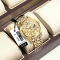 Men Full Gold Skeleton Moon Phase Watch Stainless Steel Quartz Wristwatch