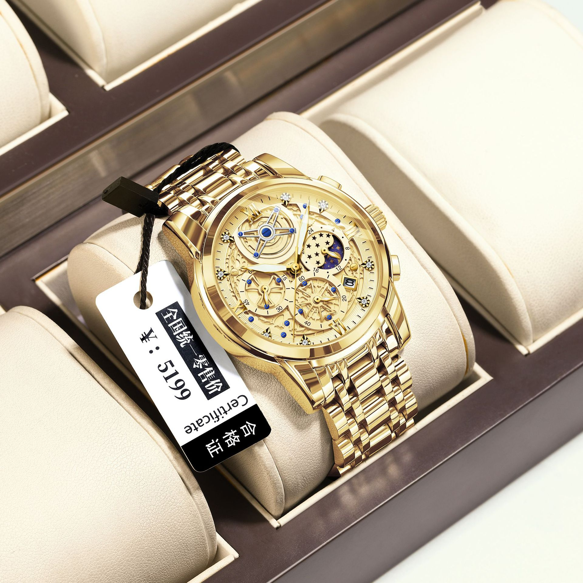 Men Full Gold Skeleton Moon Phase Watch Stainless Steel Quartz Wristwatch