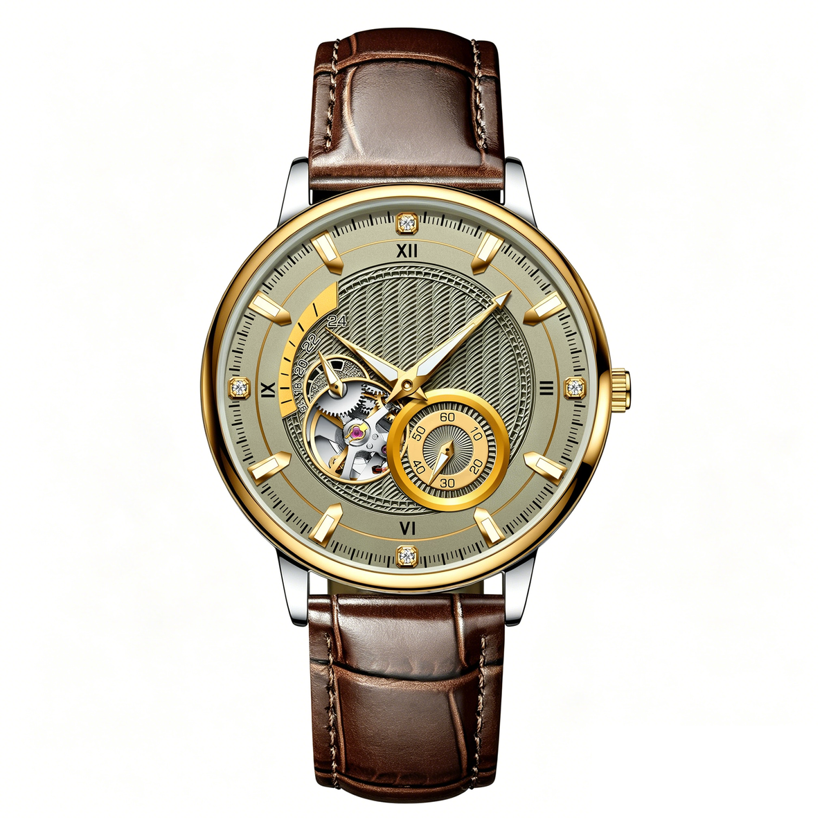 Hollow Watch Grey Dial Brown Leather Band Quartz Wristwatch（Watch-37）