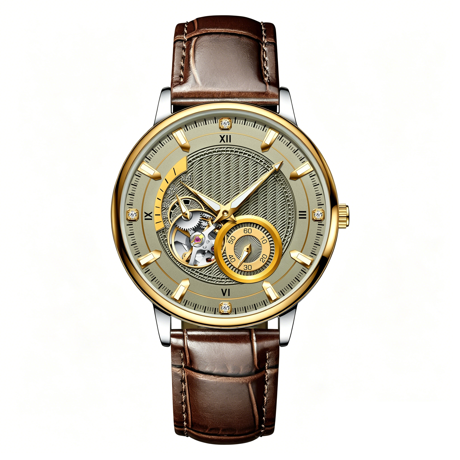 Two Tone Hollow Watch Grey Dial Brown Leather Band Quartz Wristwatch
