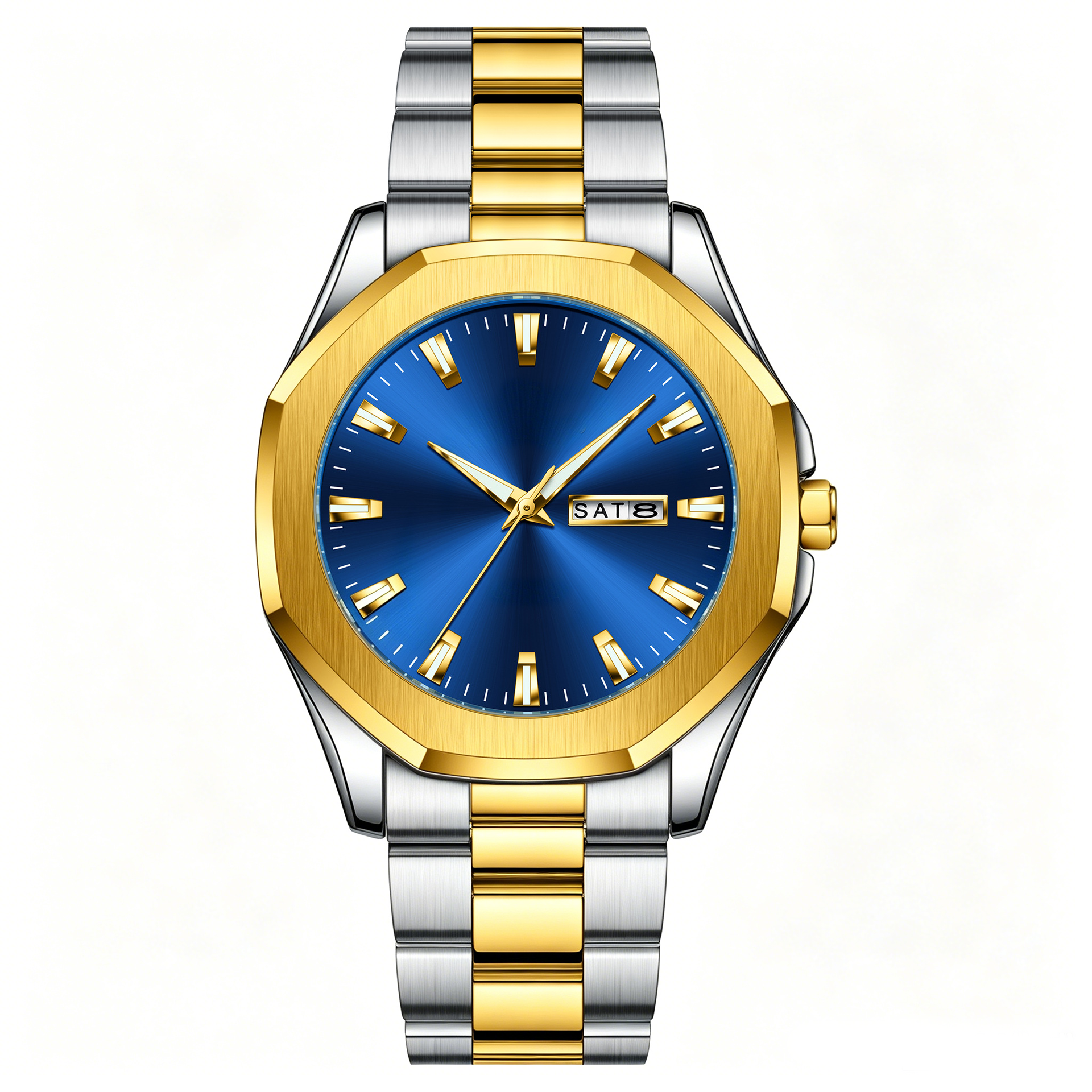 Two Tone Gold Silver Stainless Steel Men Watch Blue Dial Day Date Quartz Wristwatch