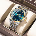 Gold Silver Men Quartz Watch Blue Sunburst Dial Rhinestone Day Date Stainless Steel Wristwatch