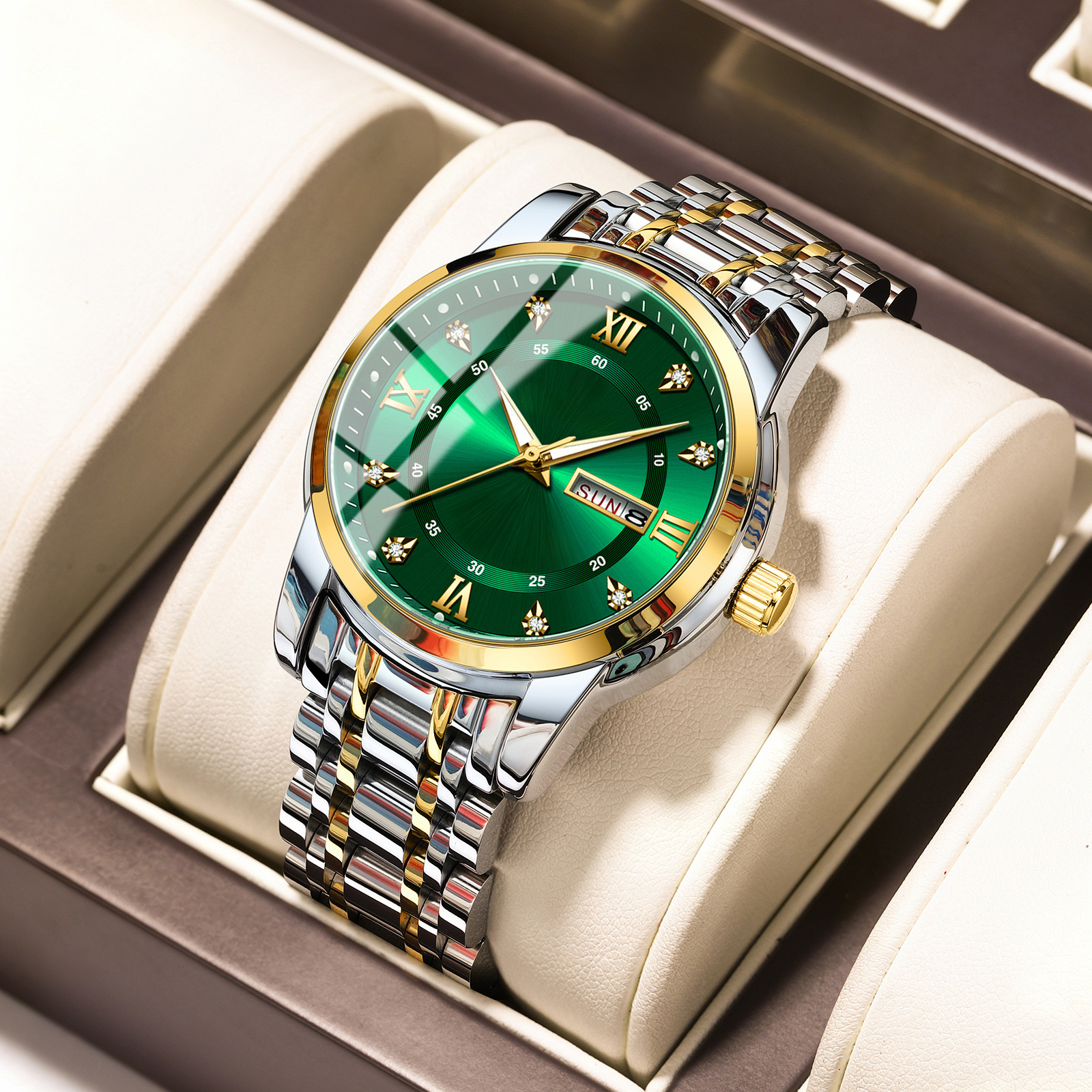 Gold Silver Men Quartz Watch Green Sunburst Dial Rhinestone Day Date Stainless Steel Wristwatch