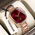 Rose Gold Square Women Watch Burgundy Sunburst Dial Small Second Quartz Stainless Steel Wristwatc