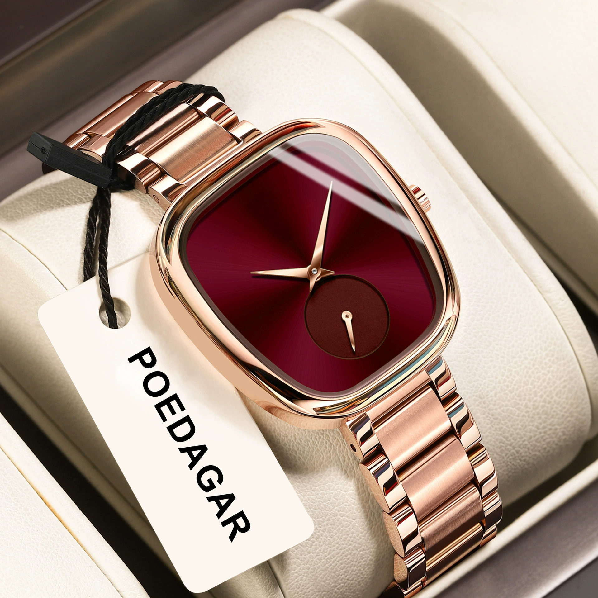 Rose Gold Square Women Watch Burgundy Sunburst Dial Small Second Quartz Stainless Steel Wristwatc