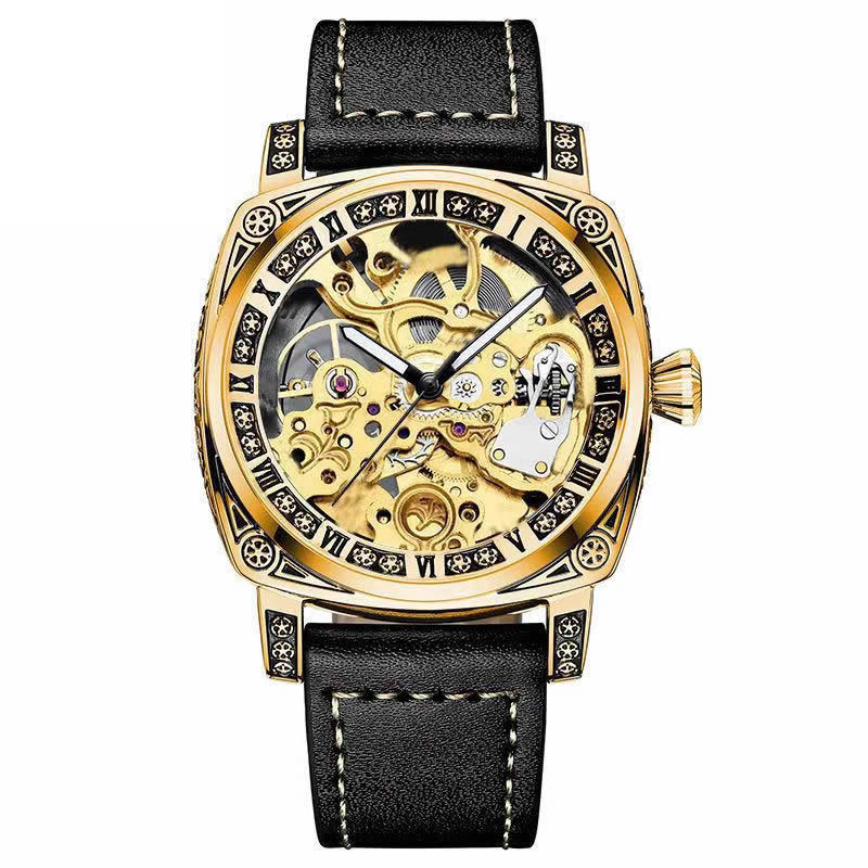 Watch Retro Square Hollow Dial Roman Numeral Black Leather Strap Wristwatch