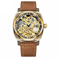 Gold Skeleton Mechanical Men Watch Retro Square Hollow Dial Roman Numeral Brown Leather Strap Wristwatch