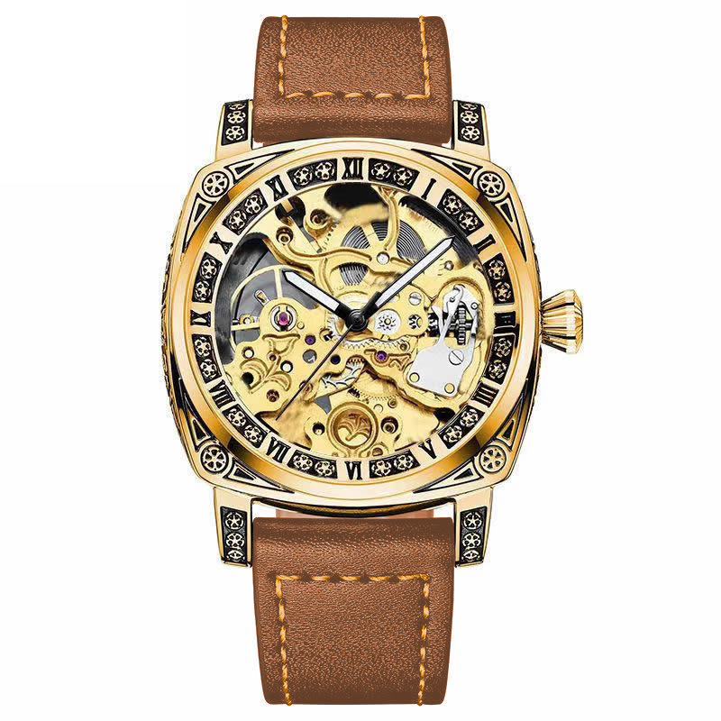 Gold Skeleton Mechanical Men Watch Retro Square Hollow Dial Roman Numeral Brown Leather Strap Wristwatch