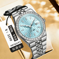 Silver Stainless Steel Men Quartz Watch Ice Blue Honeycomb Dial Crystal Bezel Date Display Wristwatch