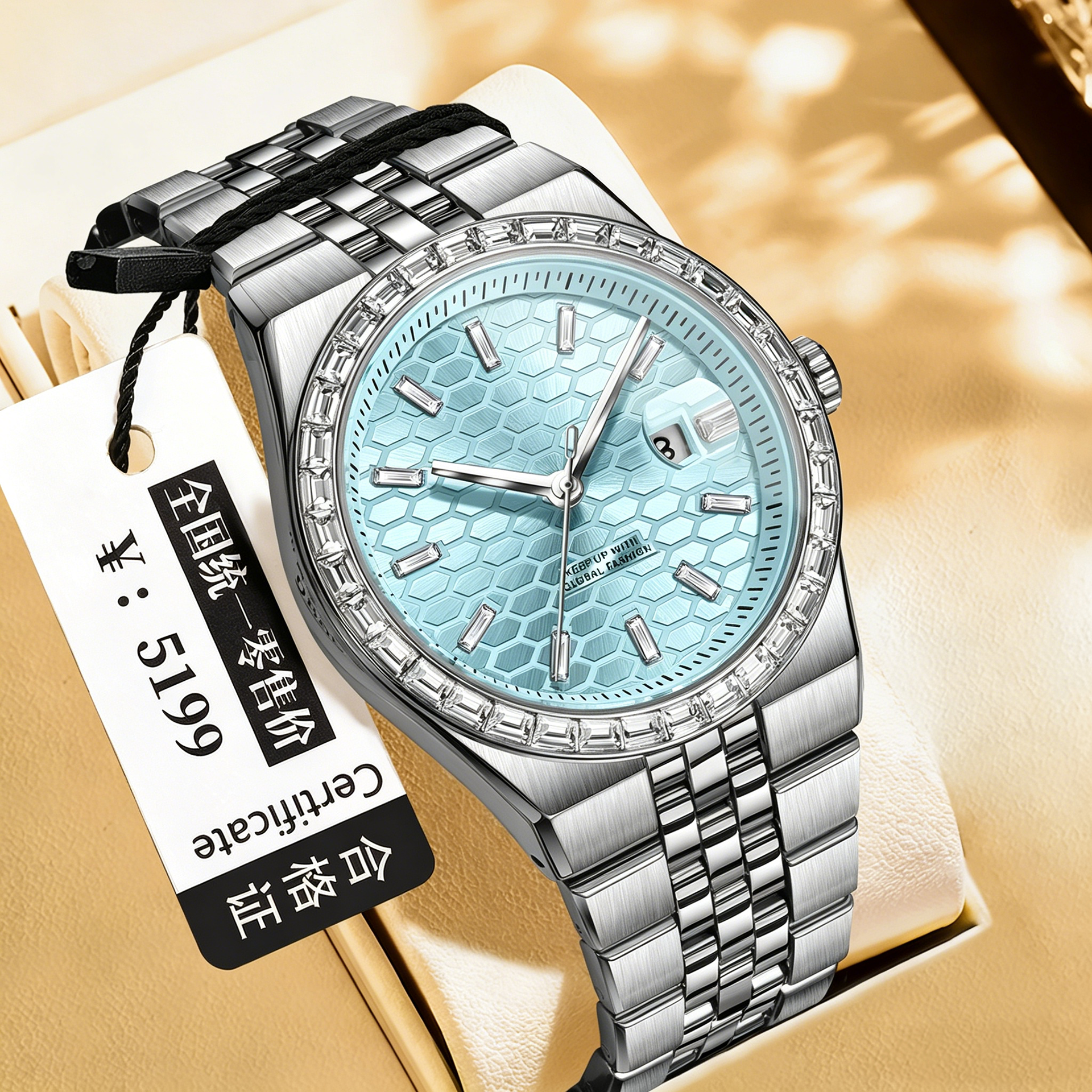 Silver Stainless Steel Men Quartz Watch Ice Blue Honeycomb Dial Crystal Bezel Date Display Wristwatch